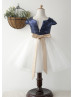 Navy Blue Sequin Ivory Tulle Short Flower Girl Dress